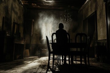 Naklejka premium Silhouette in smoky, damaged room, seated at table.