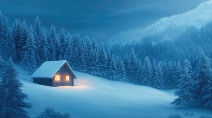 Beautiful winter view of snowy mountains and house in frost-kissed forest. Christmas trees on icy landscape