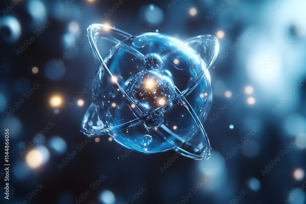 Poster detailed 3d exploded view of technetium atom revealing its electron structure and applications in ad