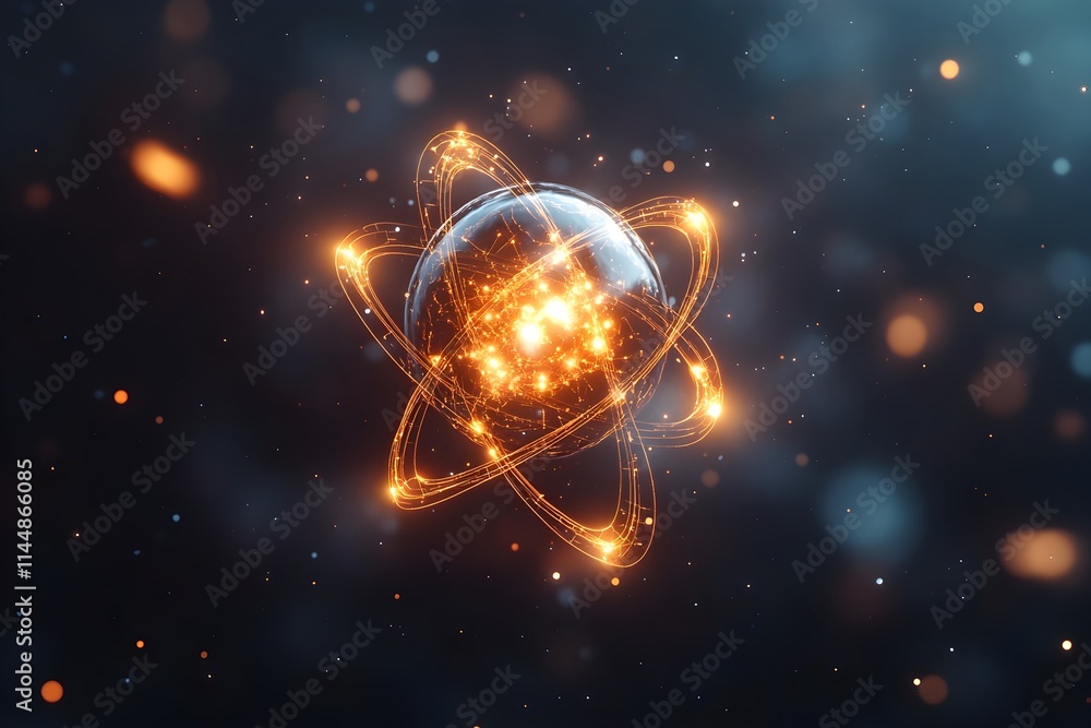 Poster detailed exploded 3d view of a technetium atom revealing its electron structure and showcasing its v