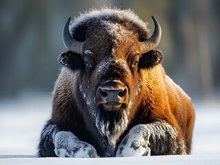 Snowy bison covered in snow in Yellowstone National Park