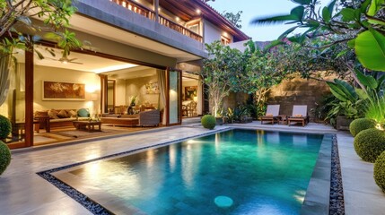 Obraz premium Luxurious house with pool, lounge area and outdoor seating.