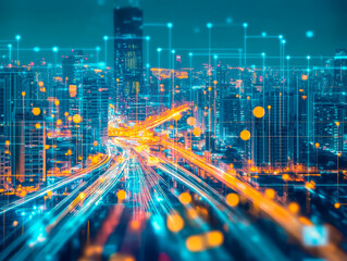A digital artwork portraying a futuristic cityscape at night, with glowing dots and lines representing networked infrastructure overlaying the urban environment The image suggests themes of technolo