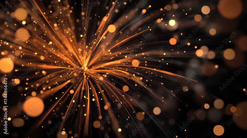 Poster golden bokeh burst with radiating light and abstract particles.