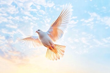 Obraz premium Ethereal Double Exposure of a Bird Soaring Through a Pastel Cloud Filled Sky