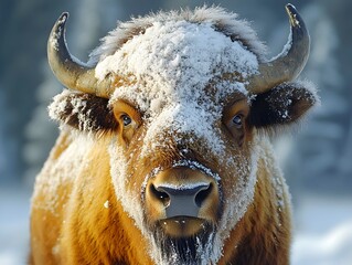 Snowy bison covered in snow in Yellowstone National Park