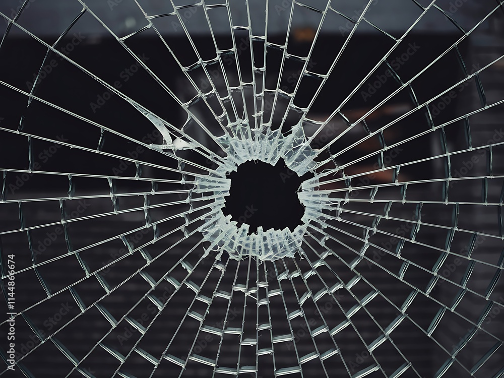 Poster abstract fractal background with circles, stark black-and-white image of a broken glass window with 