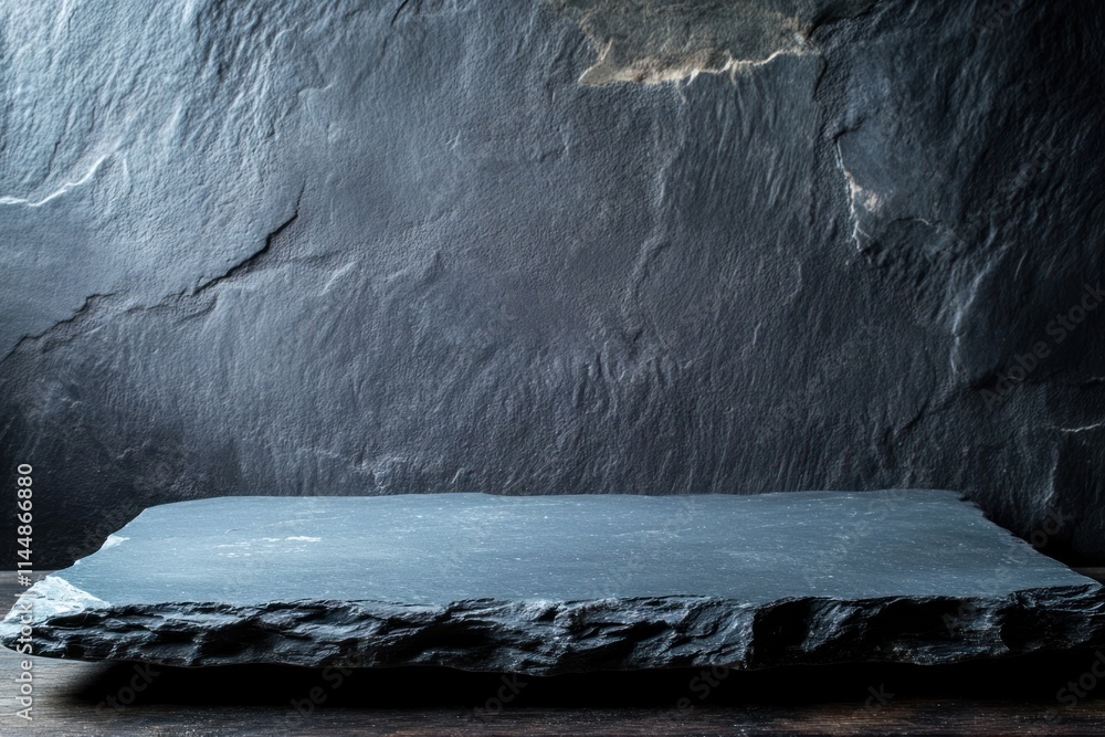 Poster dark gray slate stone platform with rough textured surface against a matching dark gray backdrop.