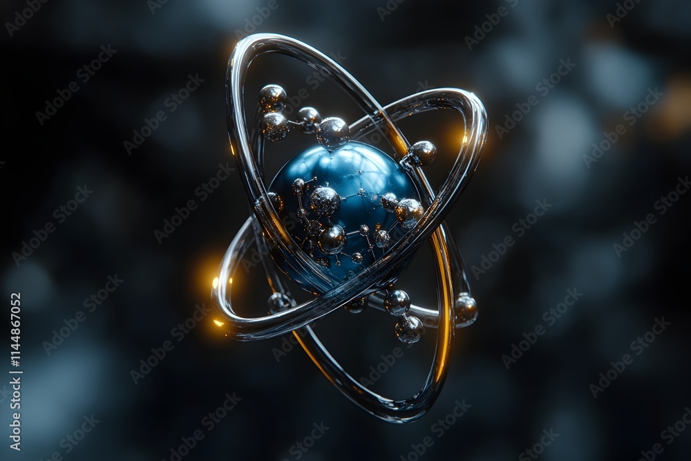 Poster highly detailed and precise 3d model of a technetium atom showcasing its intricate electron structur