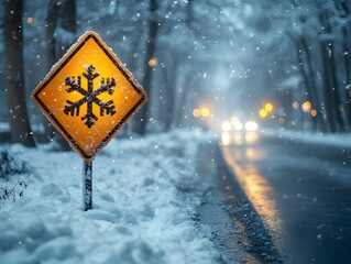 Winter storm season with snowflake symbol sign against a snowy background and copy space. Snow splattered and angled sign adds to the drama.