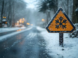 Winter storm season with snowflake symbol sign against a snowy background and copy space. Snow splattered and angled sign adds to the drama.