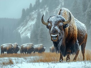 Snowy bison covered in snow in Yellowstone National Park