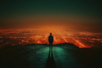 Nighttime cityscape viewed from high vantage point, solitary figure.