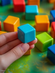 Obraz premium Hand Holding Blue Figurine from Blind Boxes on Vibrant Background