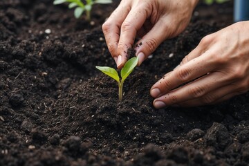 Close-Up of Hands Planting a Young Green Seedling in Rich Soil, Symbolizing Growth and Sustainability