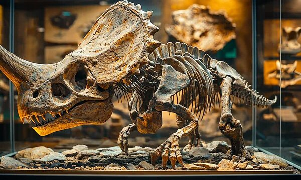 A detailed dinosaur skeleton displayed in a museum setting.