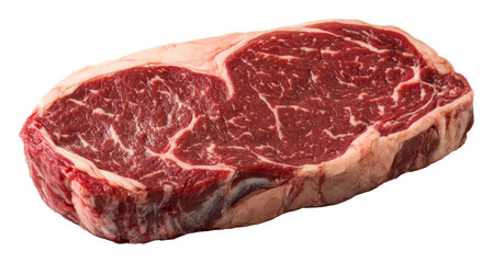 Raw ribeye steak, marbled meat with fat, close-up on transparent background. Culinary and gourmet cooking concept