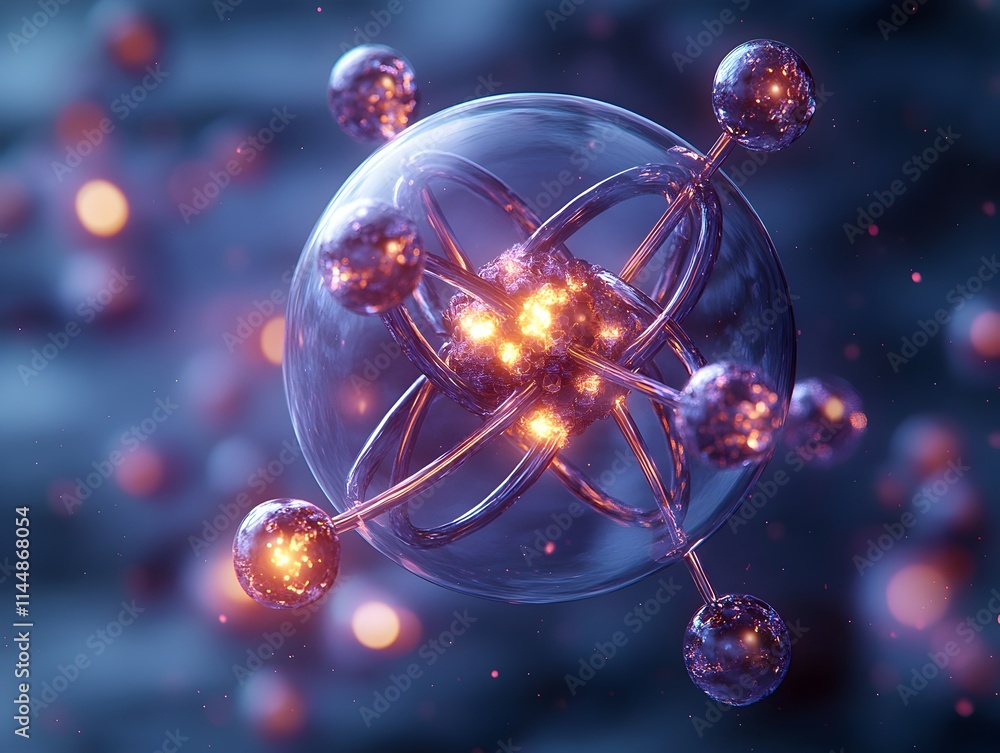 Poster comprehensive 3d model of a technetium atom highlighting its electron structure and radiological pro