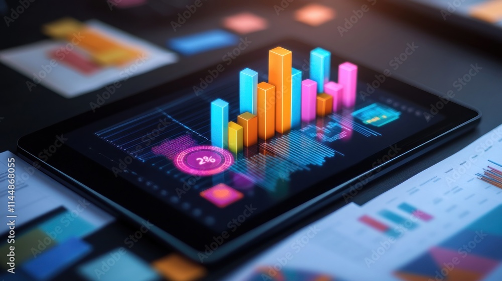 Poster tablet shows bar graph and statistics with charts.
