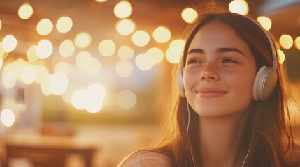 A young woman, immersed in music, smiles softly with her headphones on. The medium close-up captures her glowing complexion under the cafe's warm string lights. The blurred background of cozy