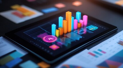 Tablet shows bar graph and statistics with charts.