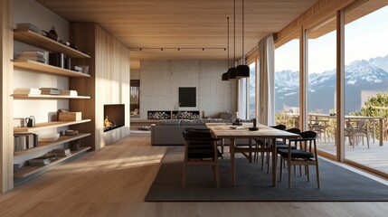Bright modern living room with fireplace, dining area and mountain view.