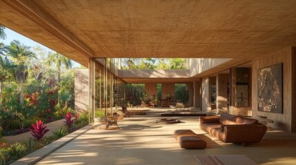 Fototapeta premium Sunlit modern villa interior with tropical garden view.