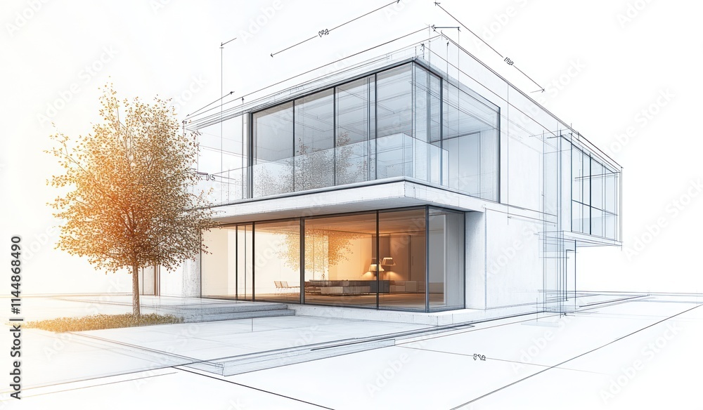 Poster modern house sketch rendering with a tree.