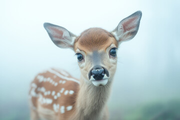 Curious young deer standing in misty forest morning