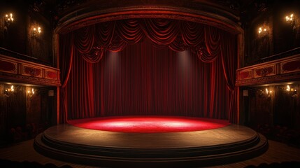 Vintage theater stage with red curtains and spotlight.