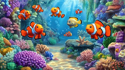 Vibrant coral reef scene with clownfish swimming.
