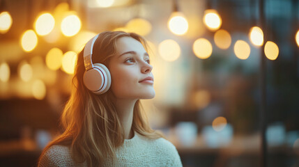 Fototapeta premium A portrait of a young woman enjoying music with her headphones in a softly lit cafe. Her expression is calm and content as the warm glow of hanging lights dances around her. A blurred background with