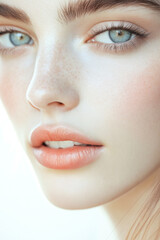 Fototapeta premium Close-up of young caucasian female with freckles and blue eyes
