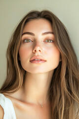 Naklejka premium Young caucasian female with long brown hair and green eyes gazing upward