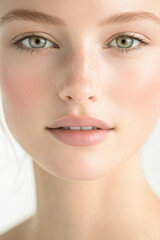 Obraz premium Close-up portrait of young caucasian female with natural makeup and green eyes