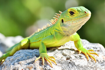 Fototapeta premium Vibrant green iguana on sunlit rock