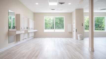 Obraz premium Spacious, bright room with large windows, light wood floors, white cabinets, and a toilet.