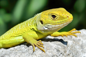 Fototapeta premium Vibrant green lizard on rock with detailed scales and patterns