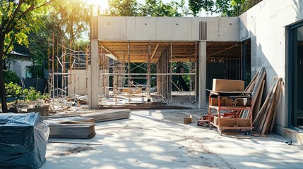 Concrete structure under construction, scaffolding, tools, wood and boxes scattered.