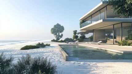 Fototapeta premium Modern beach house with swimming pool has minimalist architecture with natural beach landscape, background wallpaper AI generated image
