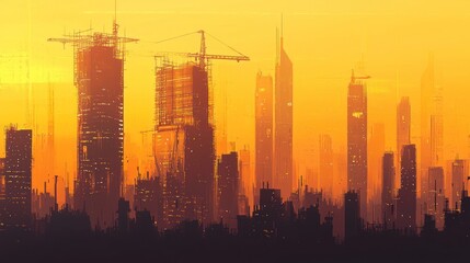 Fototapeta premium Sunset cityscape with buildings under construction.