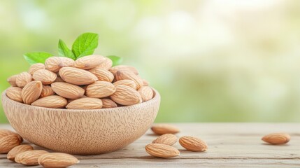 Almonds in a Bowl: A rustic wooden bowl overflowing with whole almonds, garnished with fresh green leaves, sits on a weathered wooden surface against a soft, sun-drenched green background.