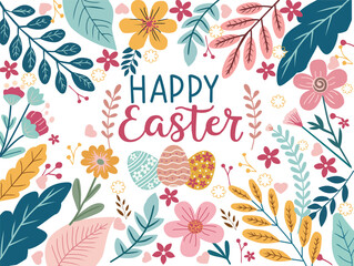 Happy Easter holiday greeting card with Easter eggs, flowers