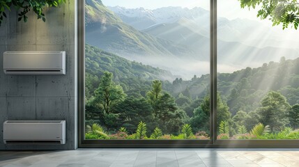 Air conditioner mounted on wall near open window overlooking green mountains and morning sunlight....