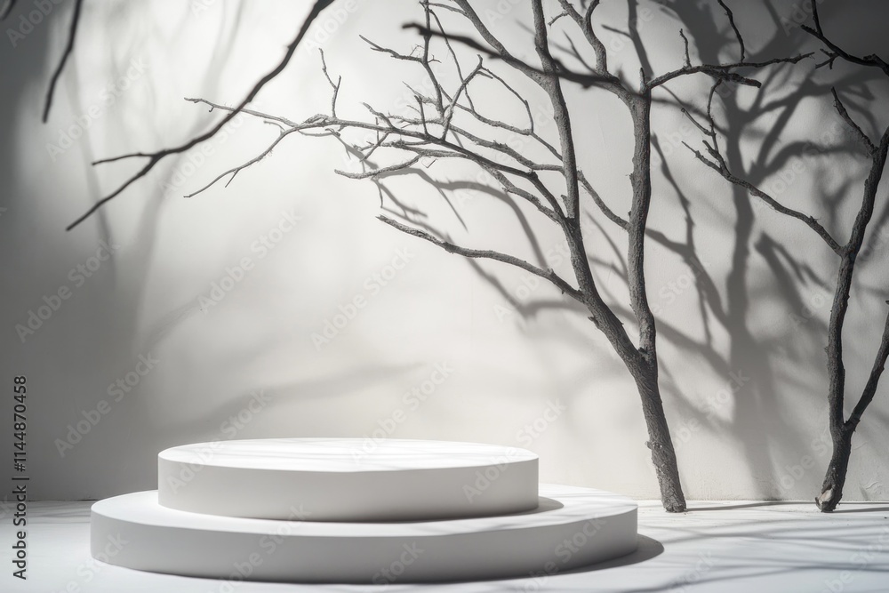 Poster white display podium with branches casting shadows.