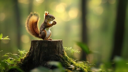 Obraz premium Squirrel stands on stump, holding nut in forest with sunlight.