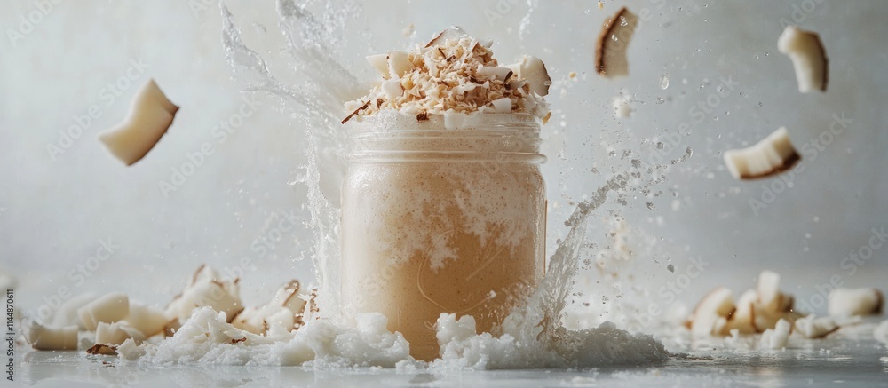 Poster Coconut smoothie in jar splashing with coconut flakes.