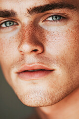 Fototapeta premium Close-up portrait of a young caucasian male with freckles and blue eyes