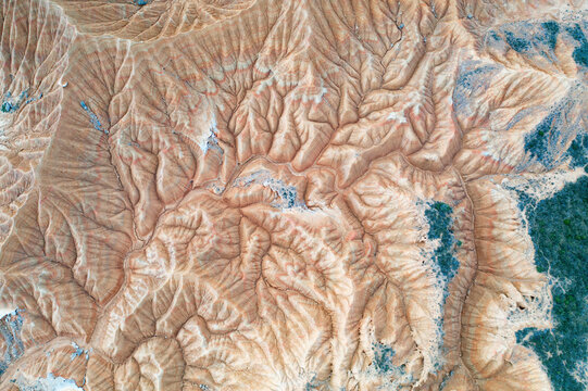 Aerial view of captivating arid landscape and erosion patterns