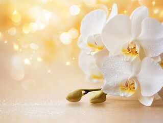 Delicate white orchid flowers elegant floral arrangement soft backdrop nature's beauty close-up perspective tranquil concept
